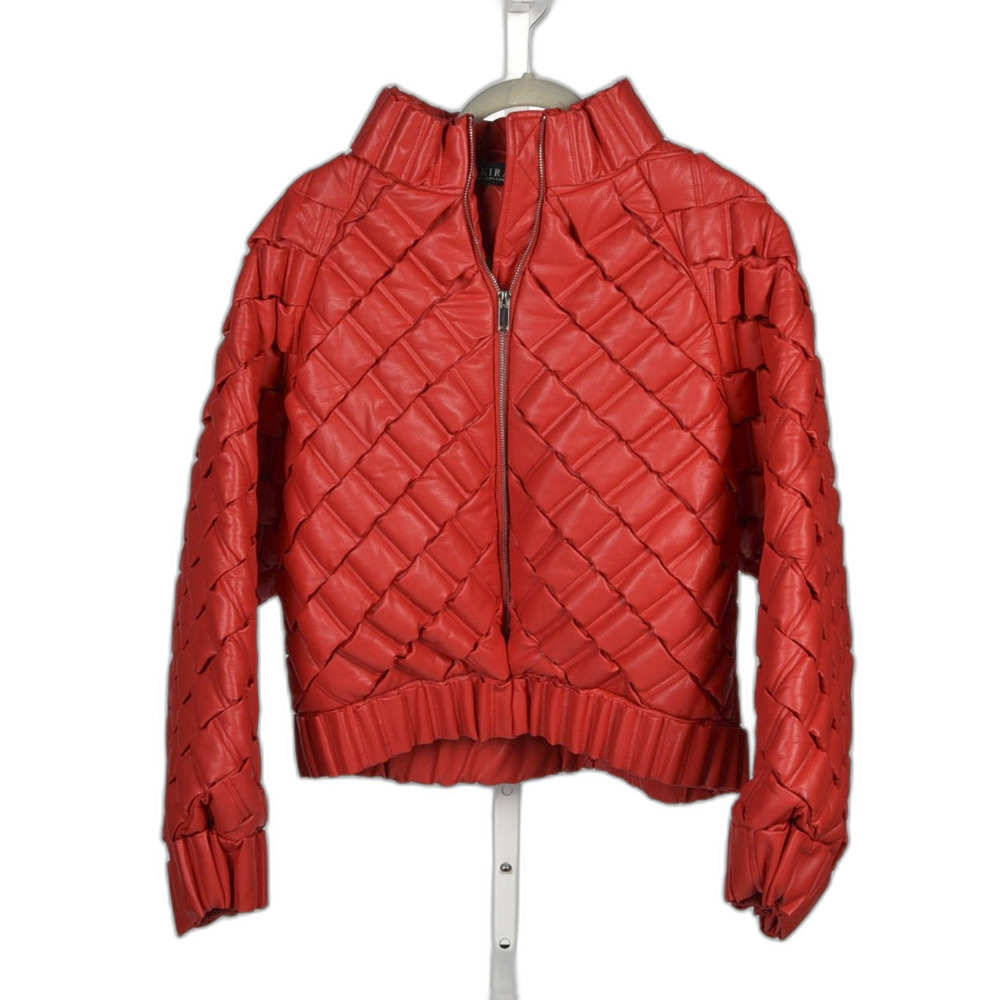 Akira PU Red Faux Leather Weave Bomber Streetwear Chic Modern Jacket Size XL
